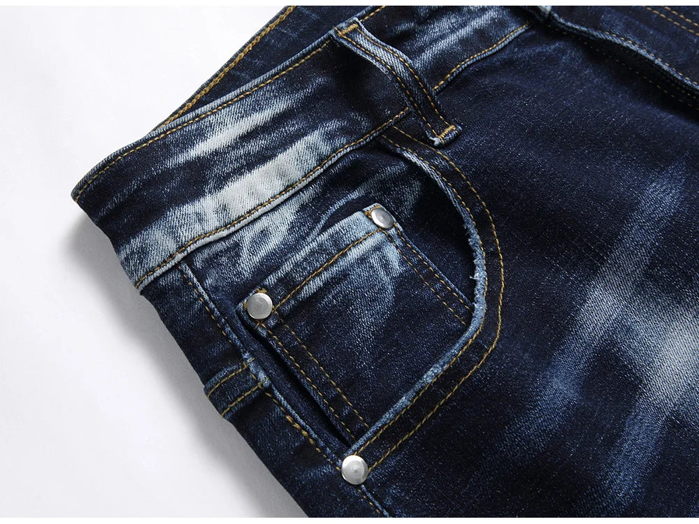 Men Patchwork Denim Jeans Holes Ripped Distressed Dark Blue Stretch Pants Casual Fringe Slim Straight Trousers