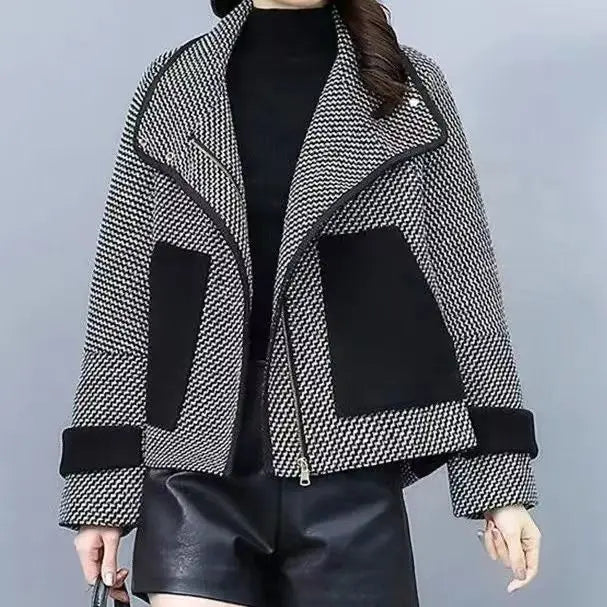 Woolen Jacket for Women Short Stature Explosive Thousand Bird Grid Age Reducing Fashion Minimalist Casual Long Sleeves Jackets