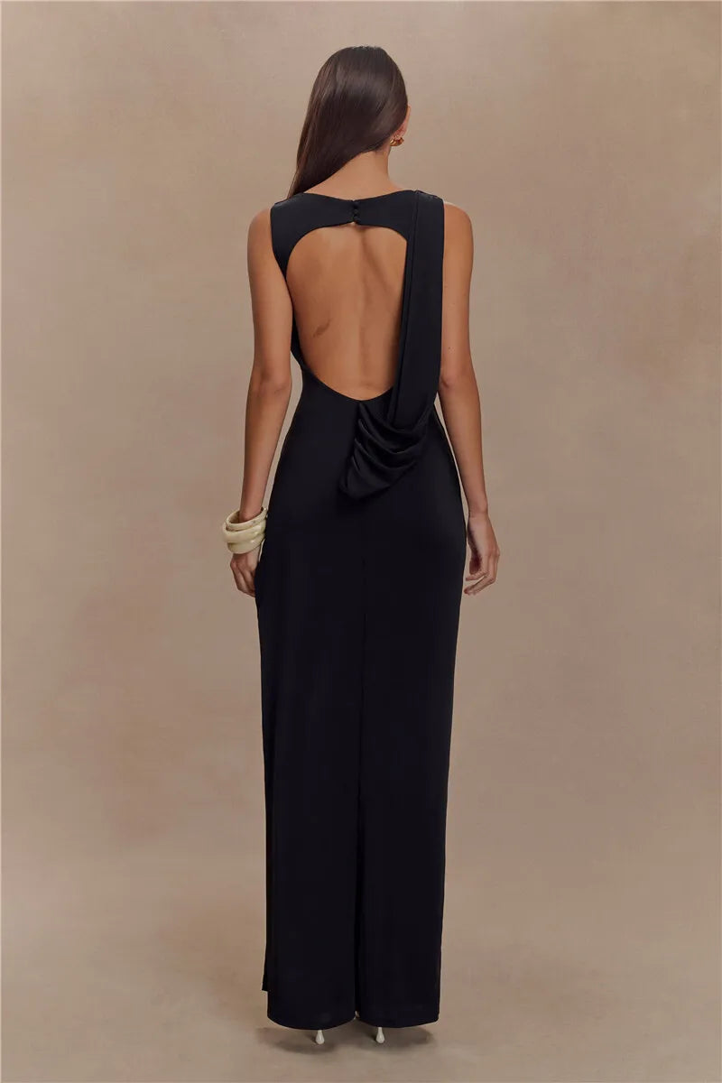 Backless Ruched Sexy Maxi Dress Women Summer O Neck High Split Bodycon Elegant Long Dress Fashion Gown Sleeveless Dresses 2025