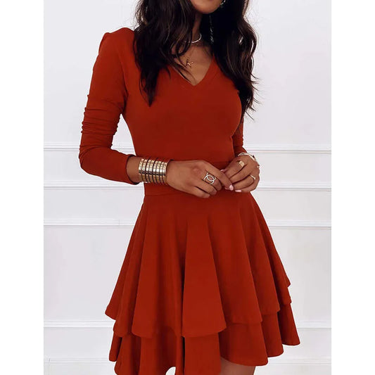 NEW Autumn V-Neck Solid Color Fashion Mid Waist Pullover Panel Bottom Fashion Versatile Style Long Sleeve Women's Dress