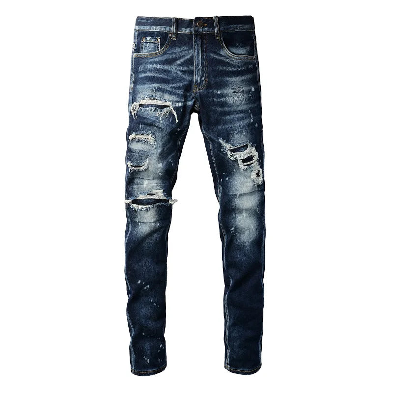 Männer Löcher Patchwork Denim Jeans Streetwear Dunkelblau Stretch Hose Bemalt Skinny Tapered Hose