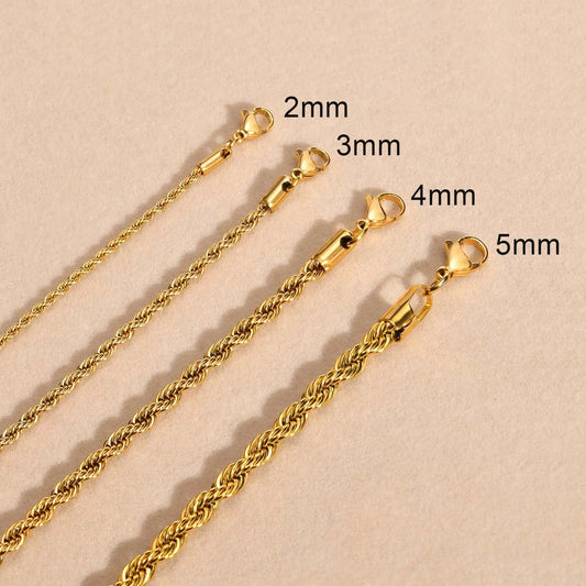 Dainty Gold Color Rope Chain Necklaces for Women Men,Chic Twisted Collar, Waterproof Stainless Steel Link 2/3/4/5mm Width
