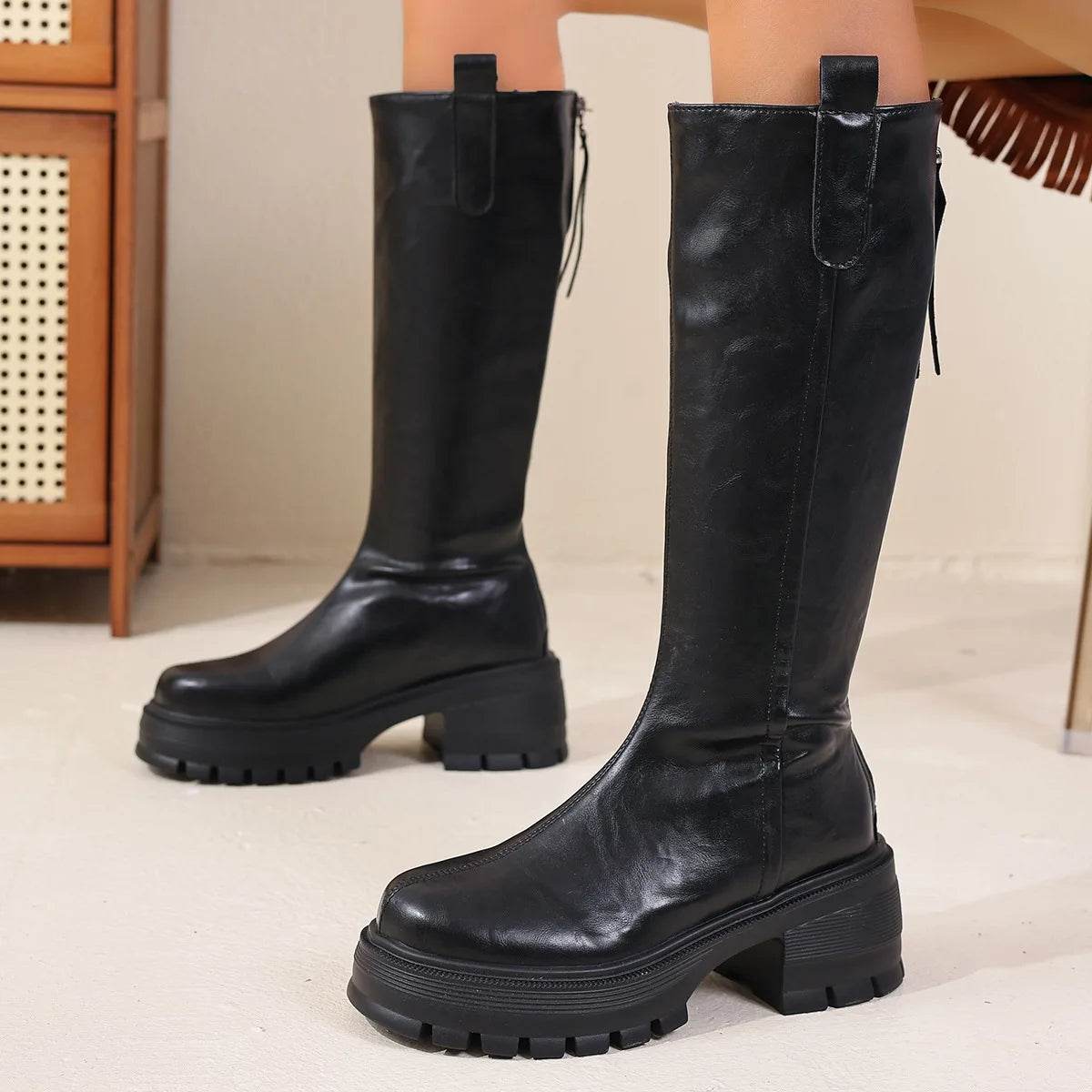 Comemore New Autumn Winter Long Boots for Women Fashion Thick Bottom Round Toe Leather Knight Botas Thick High Heels Women Shoes