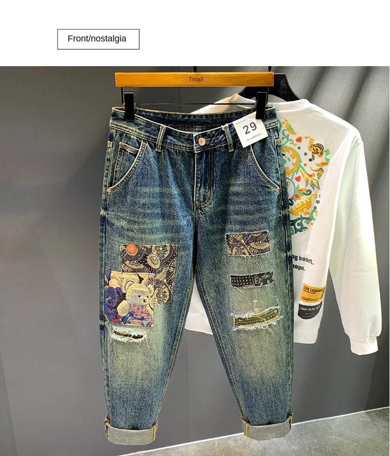 High Street Trendy Marke Retro Distressed Loose Harlan Jeans Herren Frühling und Herbst Neue personalisierte trendige Patch lange Hosen Me