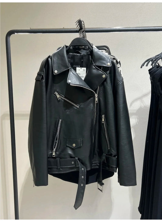 Imitation leather motorcycle loose jacket for ladies new epaulette decoration diagonal zipper down shoulder lazy coat
