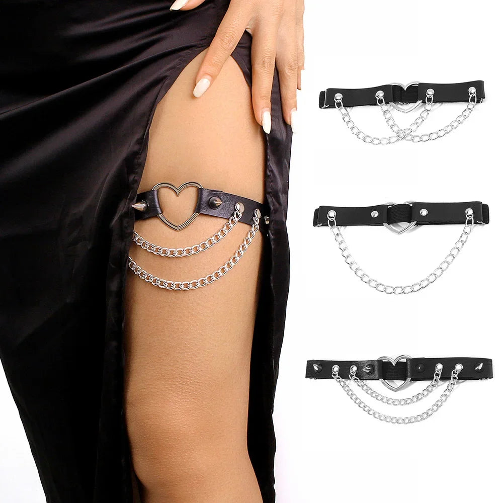 Rock Sexy Heart Love Elastic Leather Belt Garter Girl Women Harness Goth Leg Accessories Black Gothic Rivet Punk Thigh Garter