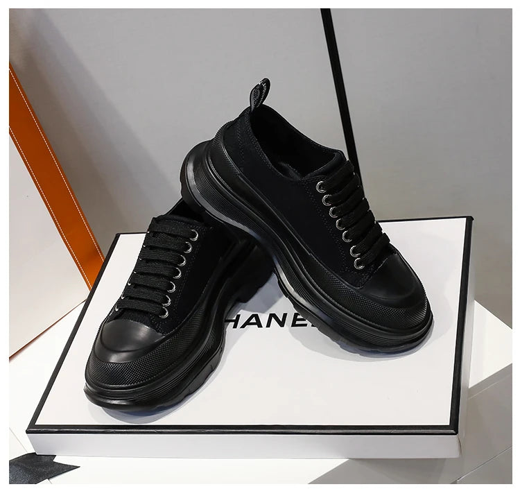 2024 Frühjahr Neue Damenschuhe Schnürschuhe Sport- und Freizeitschuhe für Herren Dicke Sohle Wasserdichte Plattform Weiche Erhöhte Leinwand Flache