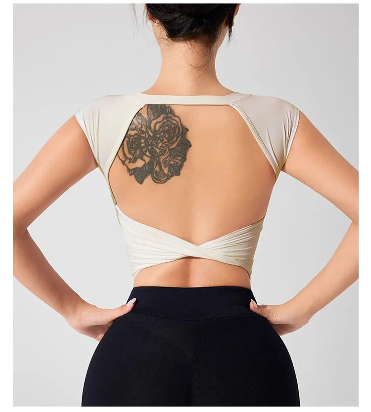 Women's Backless Fitness Clothes with Fixed Chest Pad Beautiful Top Short Sleeve Dance Sport  T-Shirt Yoga Wear