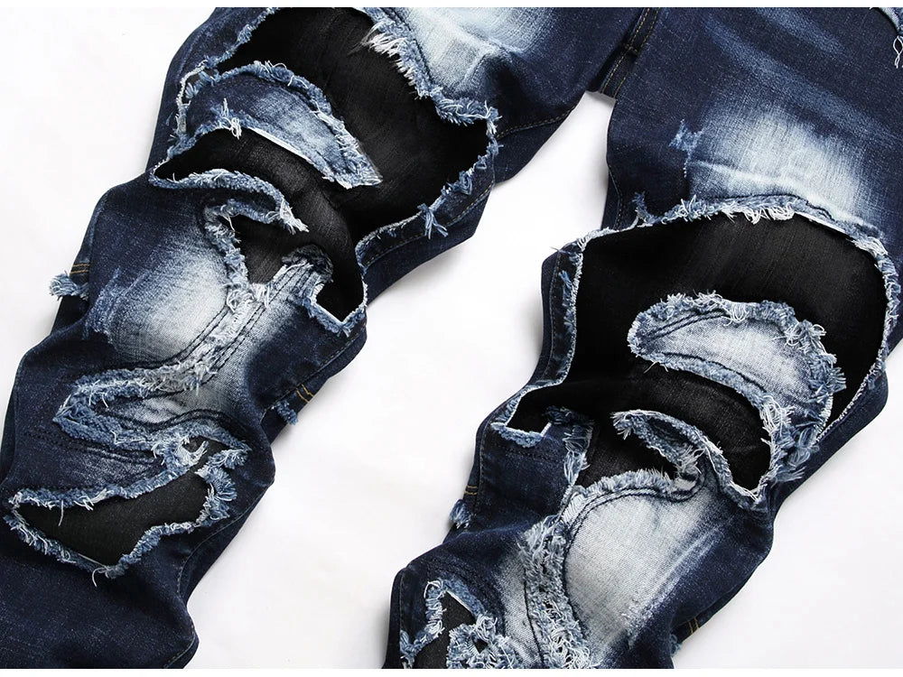 Men Patchwork Denim Jeans Holes Ripped Distressed Dark Blue Stretch Pants Casual Fringe Slim Straight Trousers