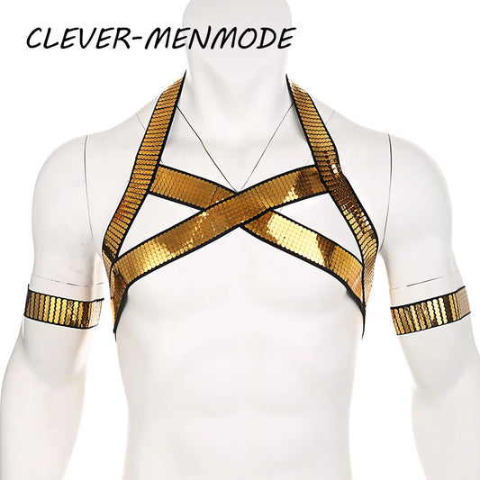 With 2 Arm Bands Men's Golden Shiny Harness Men Bondage for Nightclub Halter Neck Elastic Straps Lingerie Body Chest Harness