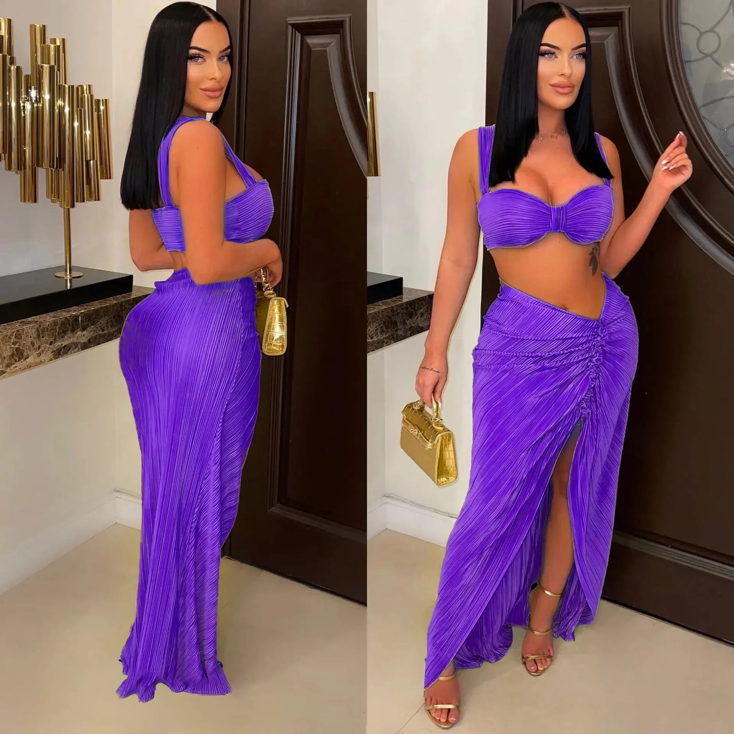 Beach Pleated Women 2 Piece Set Outfits  Summer Crop Top and Midi Ruffles Draped High Side Split Maxi Long Skirt Set