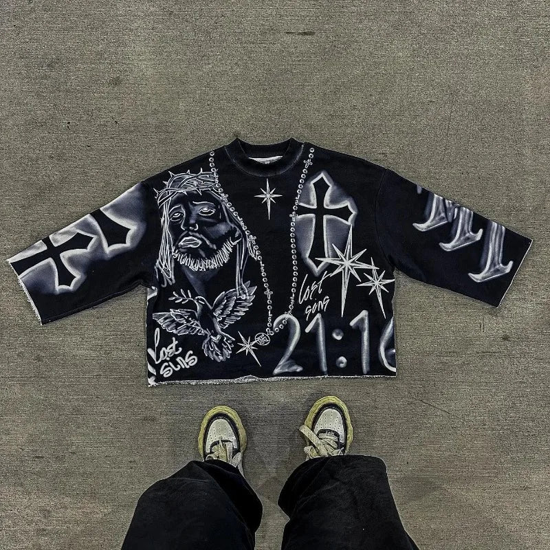 Vollständig bedrucktes schwarzes Kurzarm-T-Shirt mit Graffiti-Print, 2024, neuer Trend, Mode, Retro-Gothic-Street-Rundhalsausschnitt, mittellanges Paar-Top