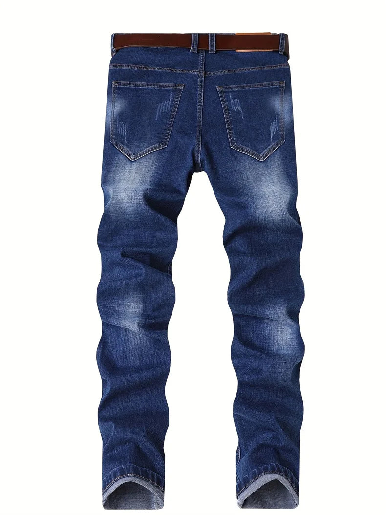 Motorcycle Trendy Straight Men's Jeans Elastic Washed Fashion Streetwear Denim Pants Embroidery Hip-Hop Trousers (Without Belt)