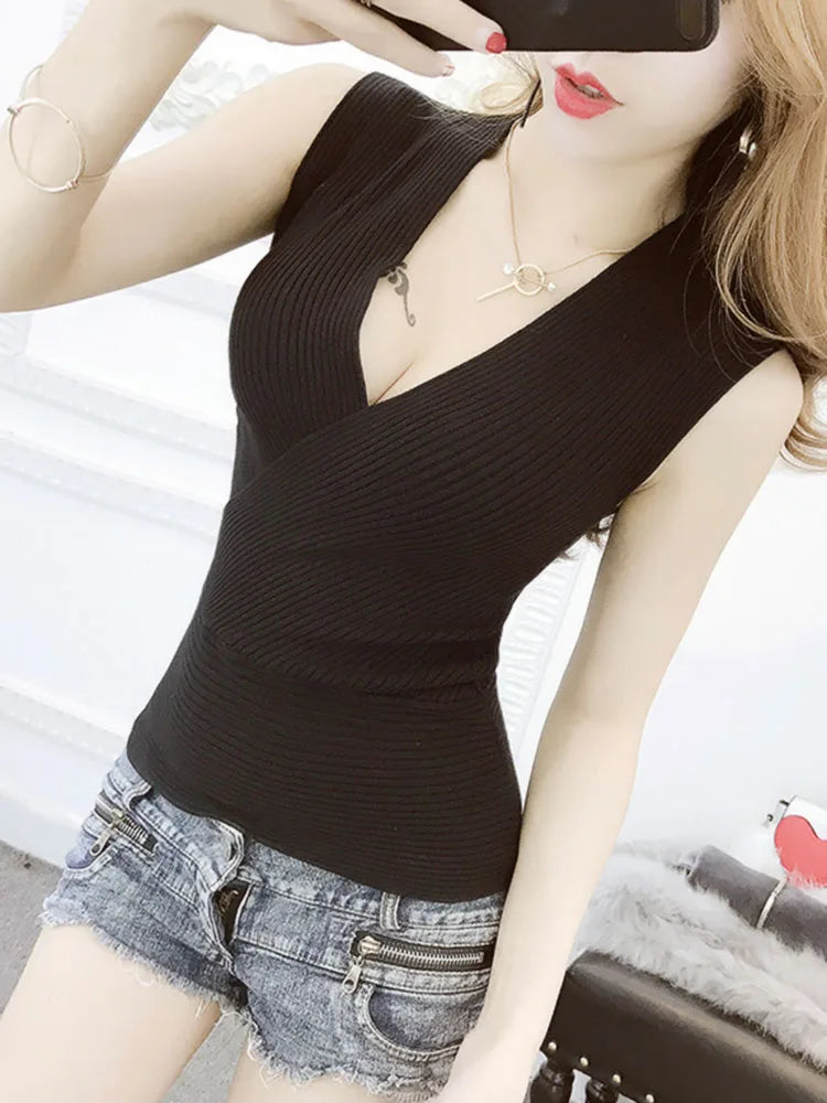 Sexy Deep V Neck Sweater Women 2025 New Womens Clothing Slim Bottoming Large Elastic Knitwear Rib Cotton Sleeveless Top Jerseys
