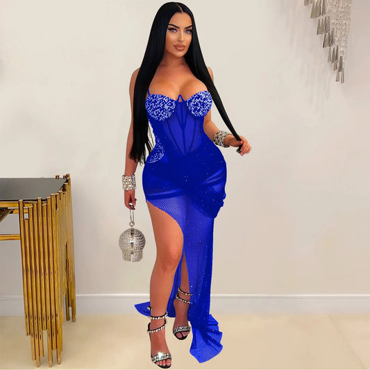 Luxury Irregular Lace Rhinestone Fish Bone Mesh Spaghetti Strips Slim Split Long Party Women Sexy Birthday Wedding Guest Dress