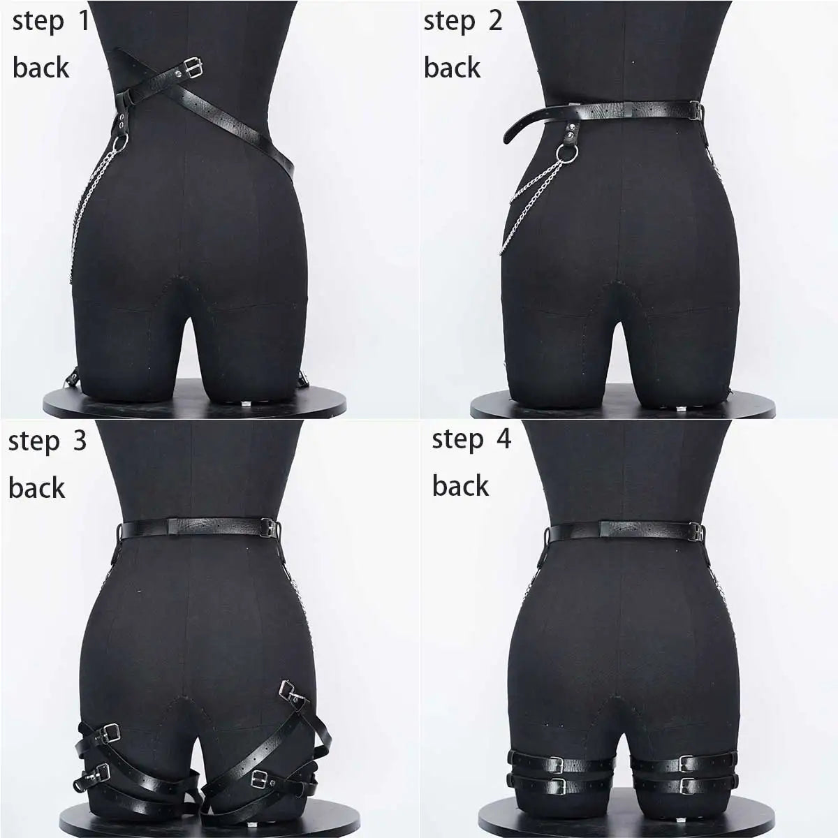 Women's Leg Chain Harness - Adjustable Black Leather Thigh Garters with Metal Chain Detail, Stylish Rave Accessory