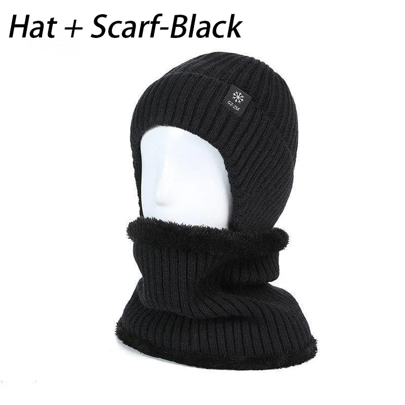 Men's Autumn/Winter Hat+Scarf Winter Warm Ear Protection Set Thick Knitted Wool Breathable Solid Color Hat