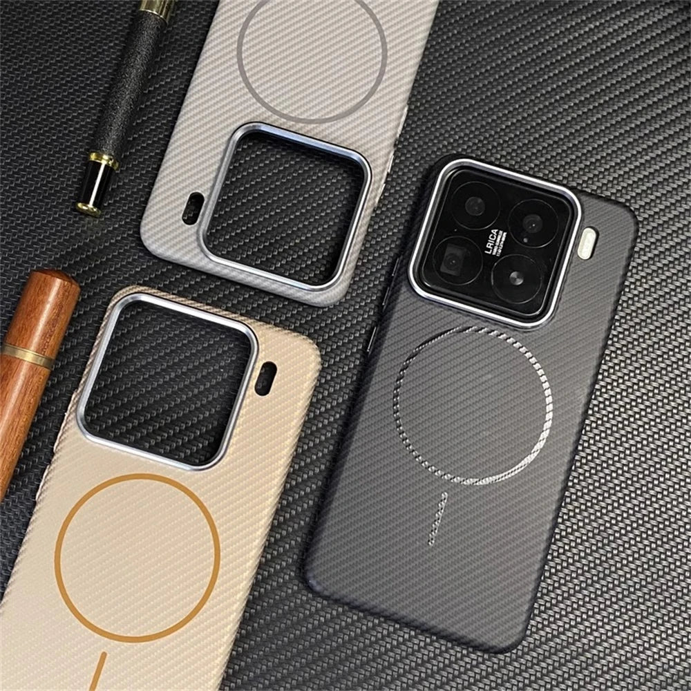 Ultra thin Carbon Fibre Pattern Metal Lens Frame Case for Xiaomi Mi 15 Pro Mi 14 Magnetic Wireless Charging Hard PC Slim Cover