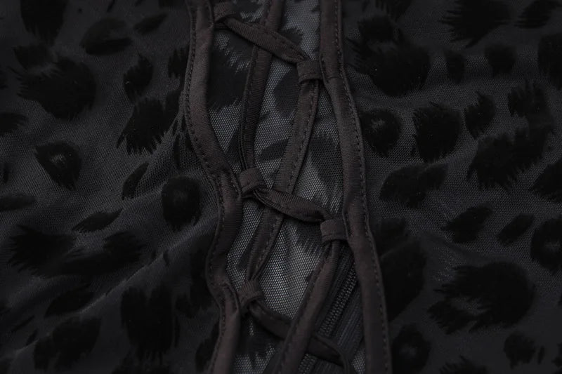 Skinny Hollow Out Cross Bandage Patchwork Jumpsuits Women Leopard Print Retro Fashion Sexy Cleavage Bodycon Party Clubwear Hot