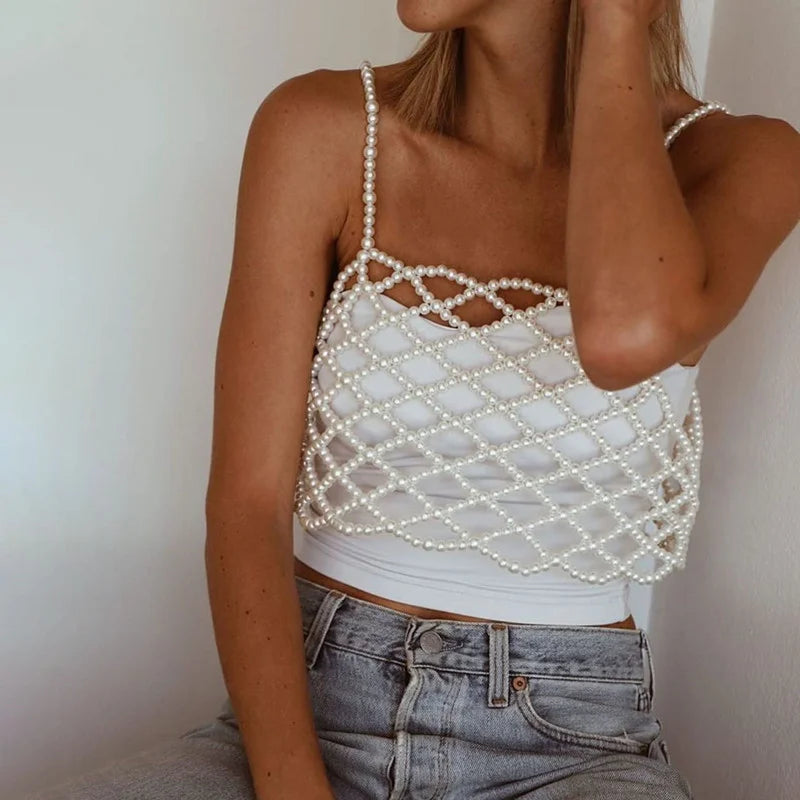 Sexy Women Pearl Crop Top Fishnet Hollow Out Camisole Beach Holiday Cover-ups Chic Women Sleeveless  Summer Matching Vest Korean