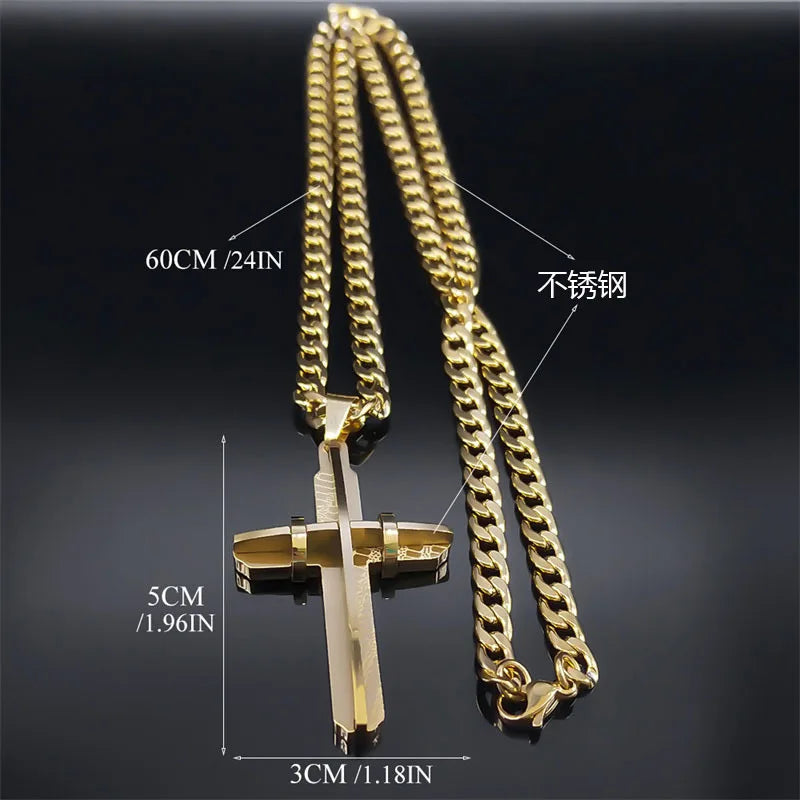 HNSP 316L Stainless Steel 3D Cross Chain Necklace Pendant For Men Jewelry Accessories Gold Silver Color