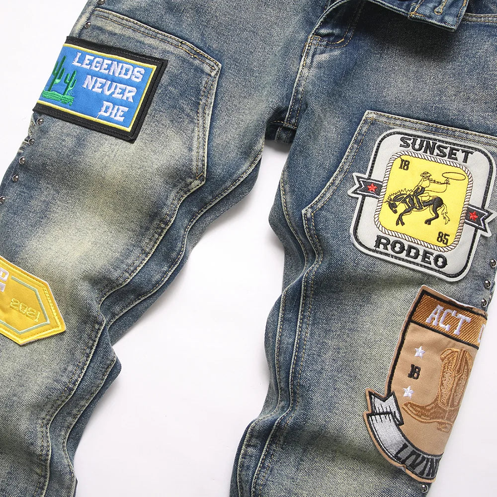 Men's Badge Patch Boot Cut Jeans Rivet Vintage Retro Blue Stretch Denim Pants Streetwear Slim Flared Trousers