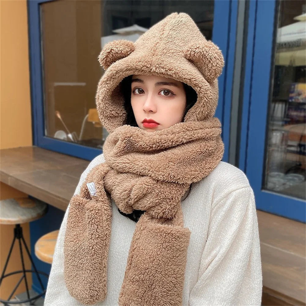 Winter Lamb Wool 3-In-1 Cute Bear Ear Hat Scarf Gloves Set Women Caps Warm Casual Plush Neck Hats Casual Fleece Girls Beanies