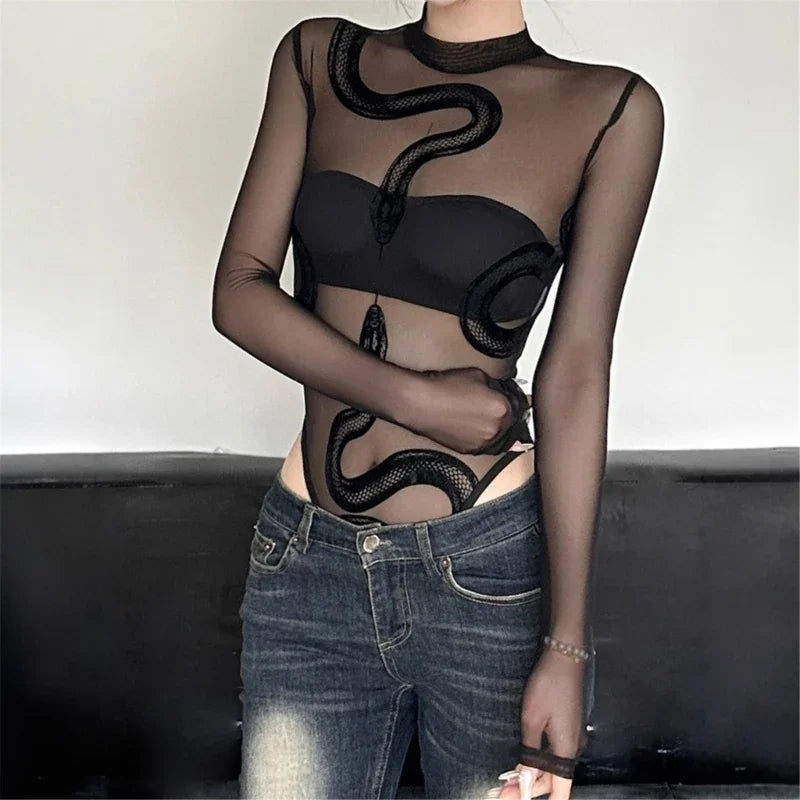Womens Mesh Long Sleeve Bodysuit Round Neck Sheer Leotards Clothing Snake Bodysuit Top with Crotch Clubwear Gifts