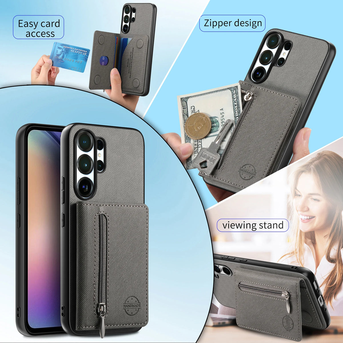 Zipper Cards Wallet Leather Phone Case For Samsung Galaxy S26 S24 S23 S22 Ultra Plus S23 S26 S25FE Purse Card Holder Stand Cover