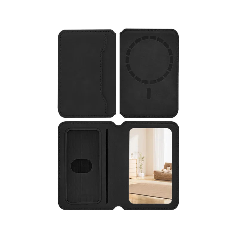 Thin Leather Wallet Magnetic Cellphone Card Holder For IPhone 16 15 14 13 18 17 Pro Max For Magsafe Bring Your Own Makeup Mirror