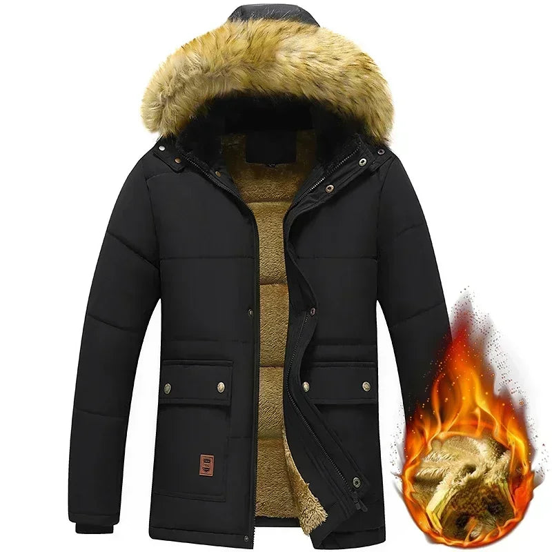 2024 neue Männer Winter Herbst Arbeit Outwearing Parka Schwarz Fleece Gefüttert Dicke Warme Mit Kapuze Pelz Kragen Mantel Männlichen Größe 5XL Plüsch jacke