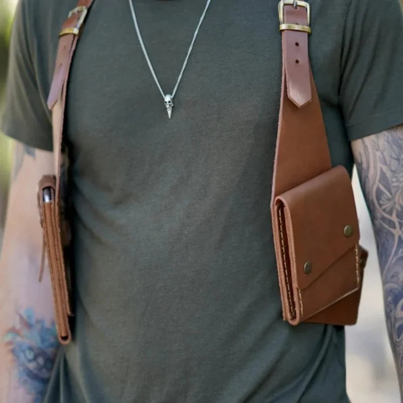 Fashion Double Shoulder Straps Multi-pocket Men Outdoor Anti-theft Chest Bag Medieval Leather Multi-function Crossbody Bag Walle
