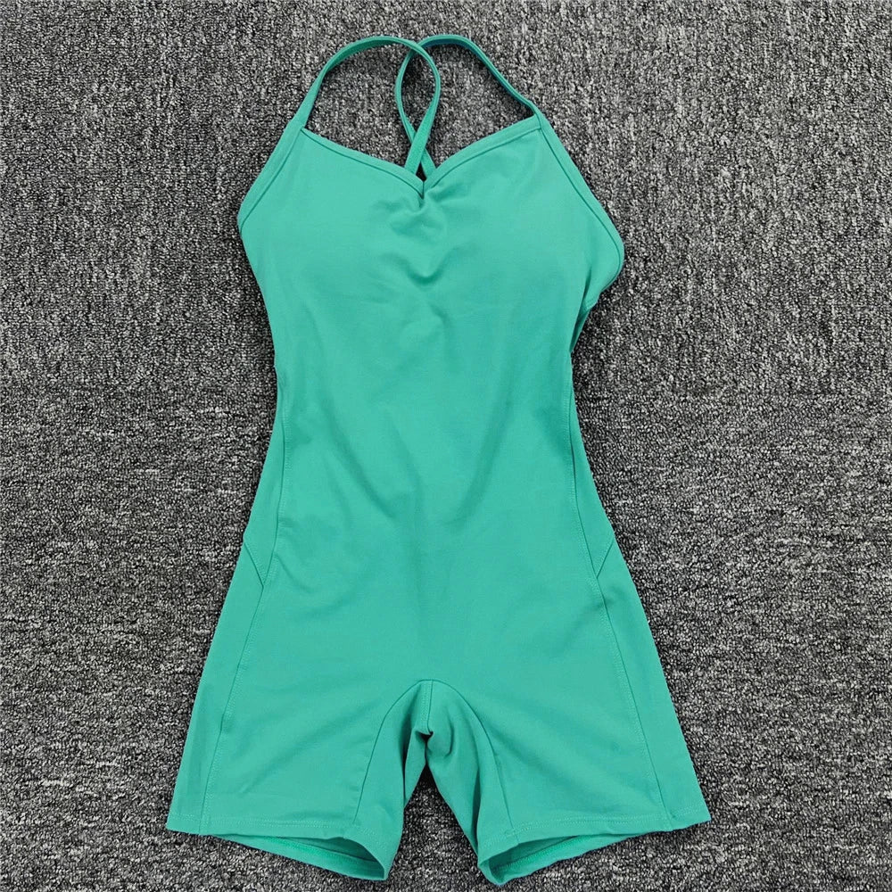 Rückenfreier Sportanzug für Damen, 2023, Lycra, Fitness-Overall, einteiliger Overall, Shorts, Sport-Outfit, Fitnessstudio, Trainingskleidung für Damen, Sportbekleidung