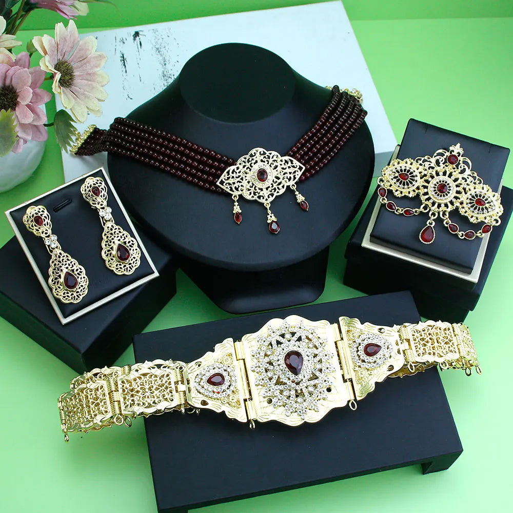 Sunspicems Morocco Bride Wedding Jewelry Sets For Women Gold Color Arabic Caftan Waist Belt Brooch Bead Choker Necklace Earrings