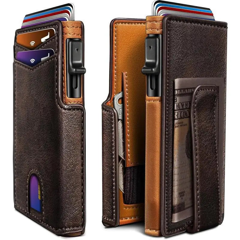 OUIO New Black Leather Wallet For Men Slim Bifold RFID Blocking Wallet With Pop-Up Metal Card Holder Card Sleeves POP UP Wallet