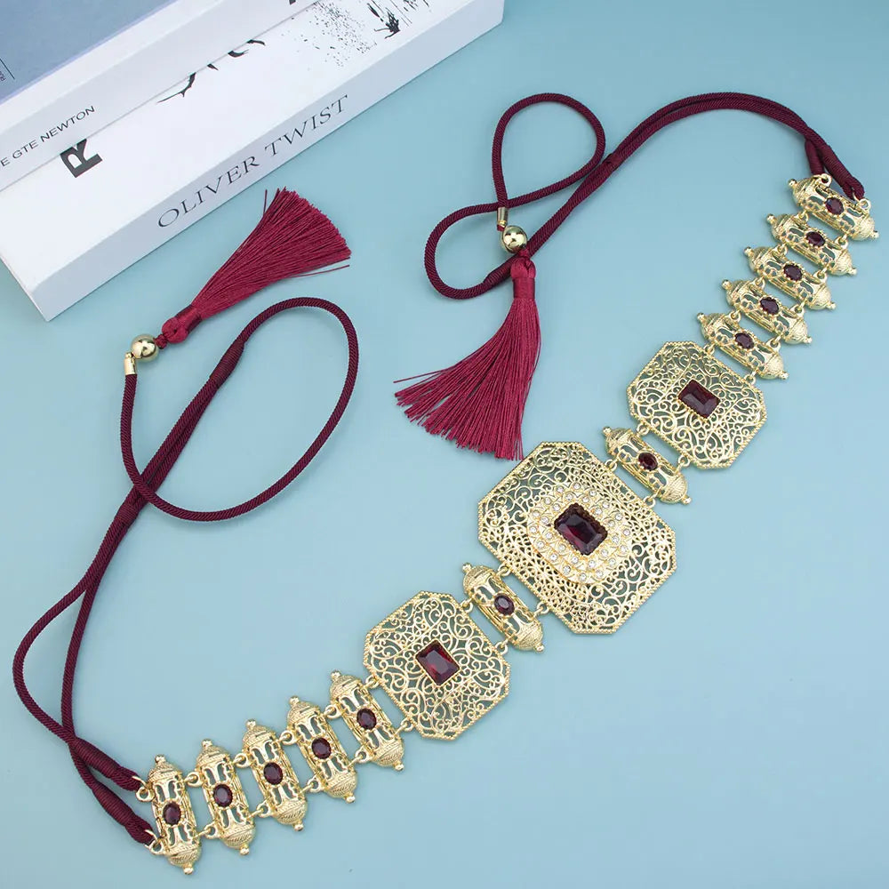 Sunspicems Gold Color Moroccan Caftan Belt Arabic Hand Rope Waist Chain Adjustable Length Women Belt Tassel Metal Body Jewelry