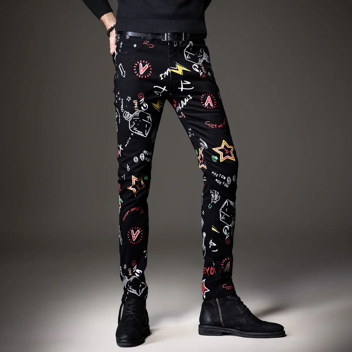 Luxuriöse Jeanshose für Herren, Hip-Hop-Jeans mit Graffiti-Print, Designer-Jeans in Slim Fit, trendige schwarze Jeans, Stretch-Cowboy-Baumwollhose für Männer