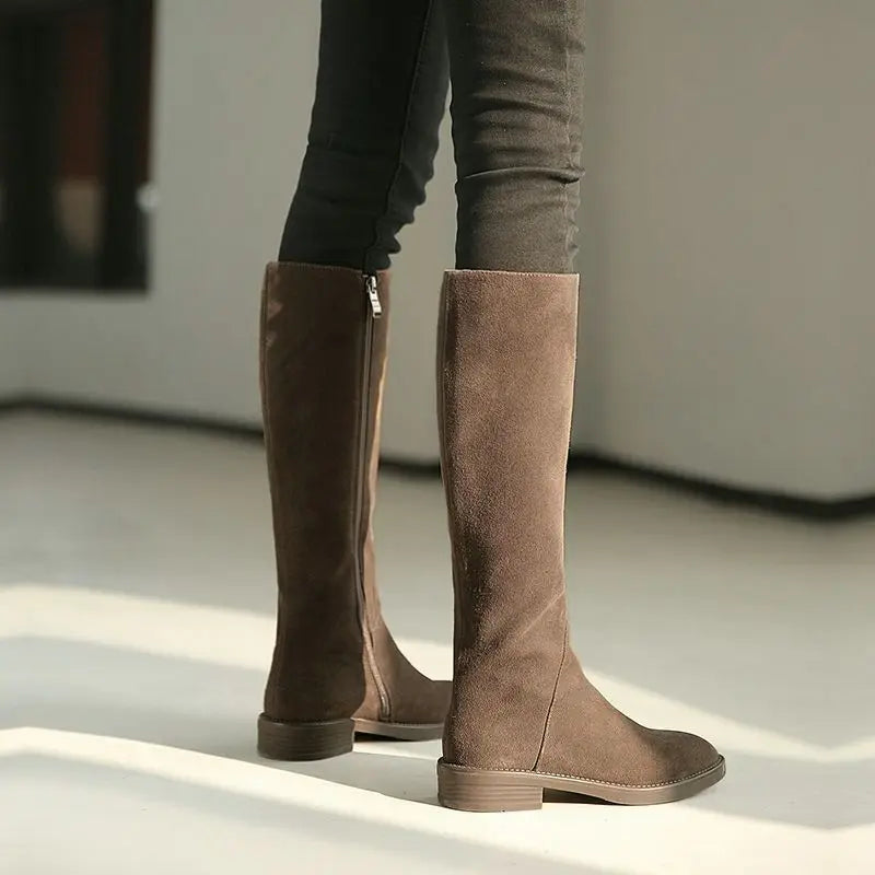 Suede Round Toe Elegant with Low Heels Fleece-Lined Ladies Knee High Shaft Shoes Autumn Winter Demi-season Women's Long Boots