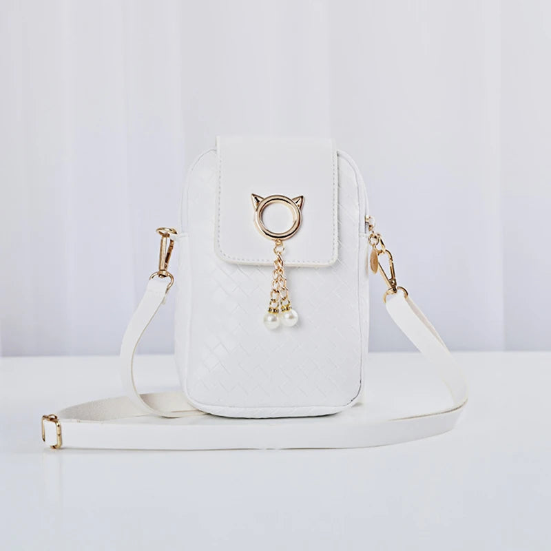1PC Mini Cross-body Mobile Phone Shoulder Bag Women Fashion Woven Pearl Tassel Cover-style Female PU Leather Small Purse Clutch