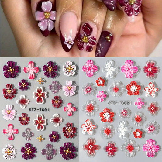 Embossed 5D Flower Nail Stickers Pink/Purple Floral Nail Decal Stickers for DIY Manicure Women Party Wedding Dating Daily Use