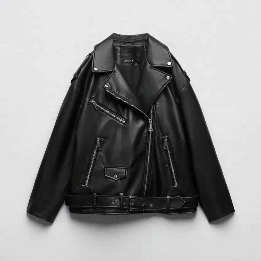 Imitation leather motorcycle loose jacket for ladies new epaulette decoration diagonal zipper down shoulder lazy coat