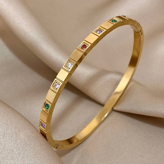 New Inlaid Square Small Colored Zircon Stainless Steel Bangle Bracelet for Women Luxury Gold Plated Cubic Zirconia Bracelets