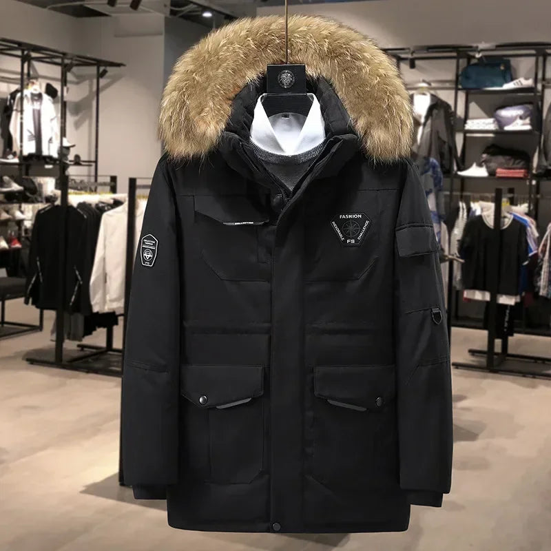 Neue Ankunft Männer Unten Parkas Mode Winter Jacke Dickes Fell Hoddy Outdoor Ente Unten Polsterung Mantel Männlichen Mit Kapuze Outwear