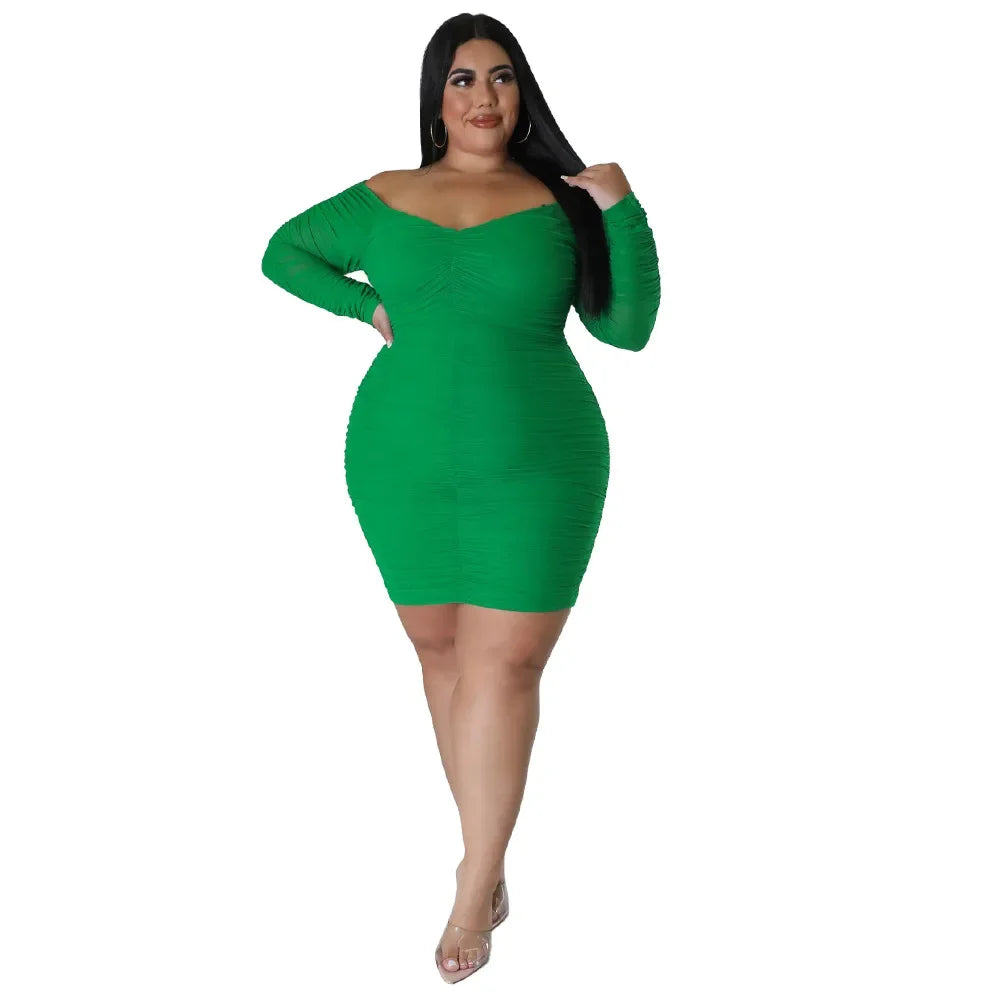 Plus Size N7697 Autumn New Women's Dress Sexy Nightclub Style Wrap Chest Spliced Mesh Sleeves Covering Buttock Clothing