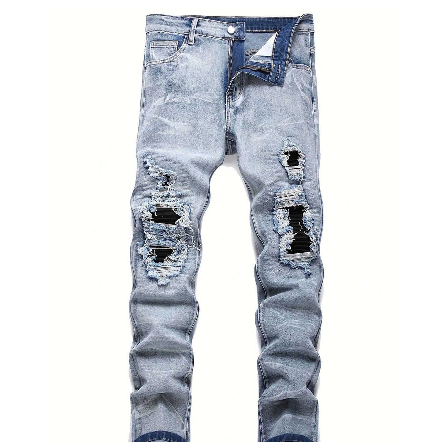 Men's Stretchy Denim Jeans Streetwear Tearing Patchwork Holes Ripped Denim Elastic Waist Casual Pants Slim Fit Straight Trousers