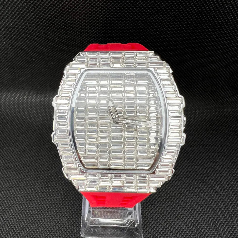 Luxusmarke Herrenuhr Mode Einzigartige Tonneau Uhren Diamant Blingbling Zifferblatt Wasserdicht Gummiband Armbanduhr Heißer Verkauf Geschenk