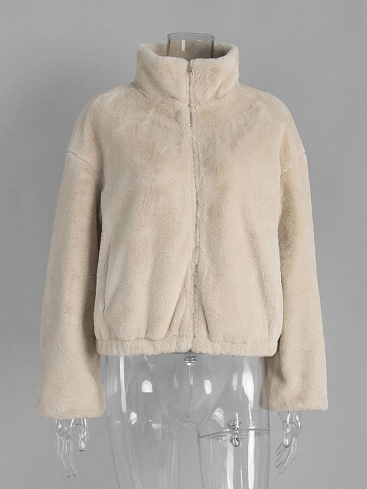 2025 Winter Coat Women Warm Outerwear Loose Fur Faux Coat Women Elegant Jacket Long Sleeve Zipper Female Short Coats