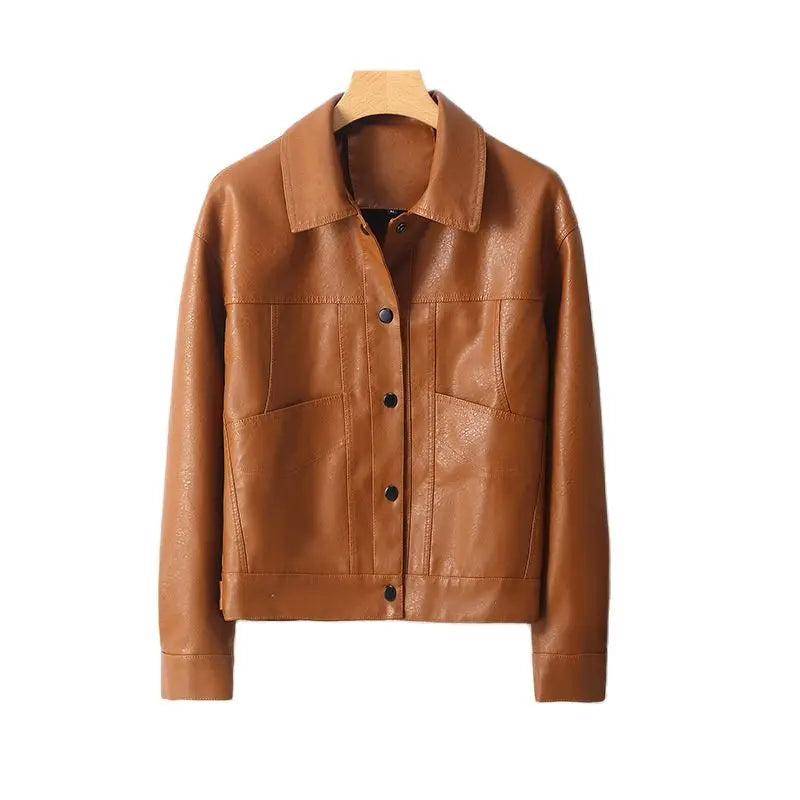 New Female Motorcycle Leather Jacket Spring and Autumn Women's Leather Lapel Button Slim Korean Version of Women's Coat