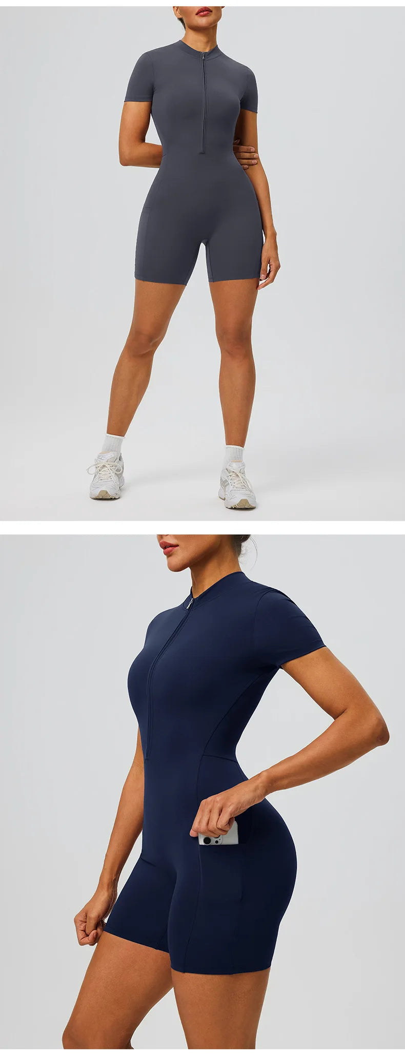 Women's zipper short sleeved yoga jumpsuit with functional pockets for hip lifting and tight fitting sports jumpsuit shorts