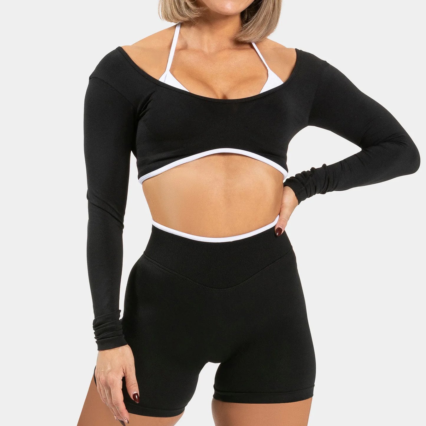 Women's Color Block Yoga Set Long Sleeve Top & High Waisted Shorts Butt Lifting Tummy Control 4-Way Stretch Workout Gym Fitness